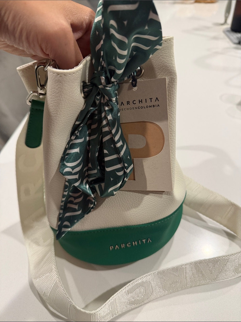 Parchita Crossbody White and Green Mini Bucket Bag with Scarf